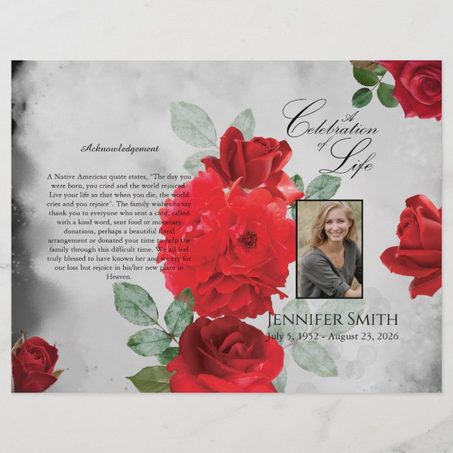 Bi-Fold Red Roses Funeral Program Flyer (Front)