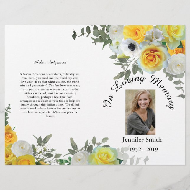 Bi-Fold Yellow Roses Funeral Program Flyer (Front)