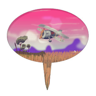 Bi-Plane Flying over crops under setting sun Cake Topper