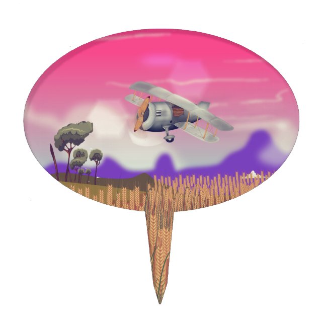 Bi-Plane Flying over crops under setting sun Cake Topper (Front)