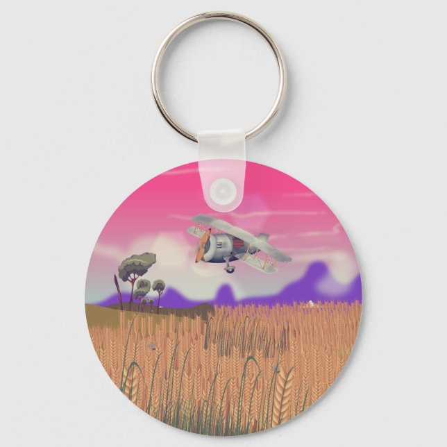 Bi-Plane Flying over crops under setting sun Keychain (Front)