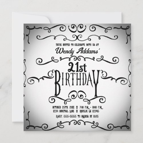 Biack and White Vintage Ornamental Gothic Birthday Invitation