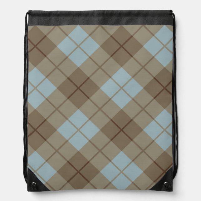 Bias Plaid in Blue and Brown Drawstring Bag (Front)