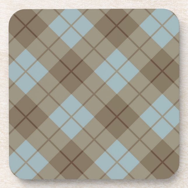 Bias Plaid in Blue and Brown Drink Coaster (Front)