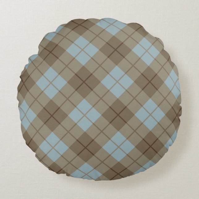 Bias Plaid in Blue and Brown Round Pillow (Front)