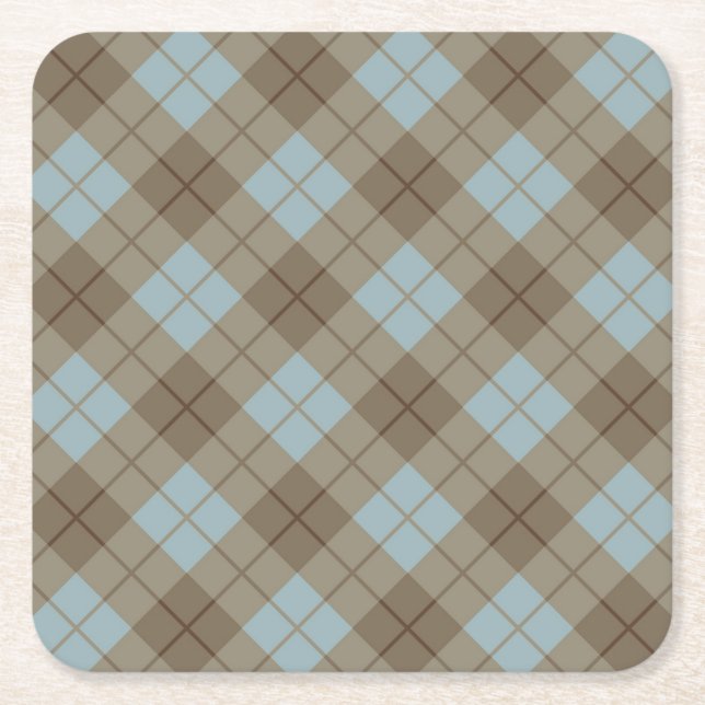 Bias Plaid in Blue and Brown Square Paper Coaster (Front)