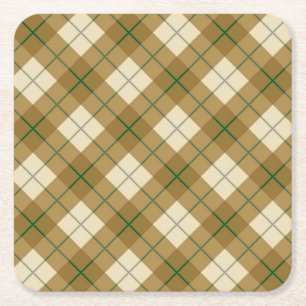 Bias Plaid in Gold with Green Stripe Square Paper Coaster