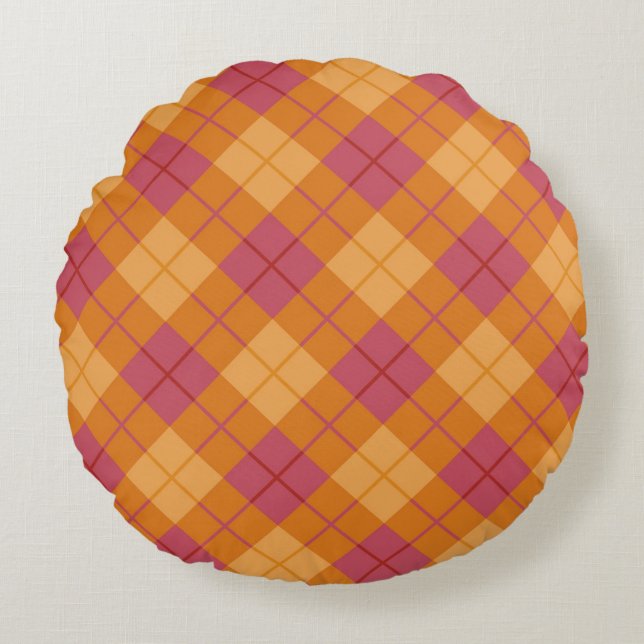 Bias Plaid in Orange and Pink Round Pillow (Front)