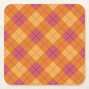 Bias Plaid in Orange and Pink Square Paper Coaster