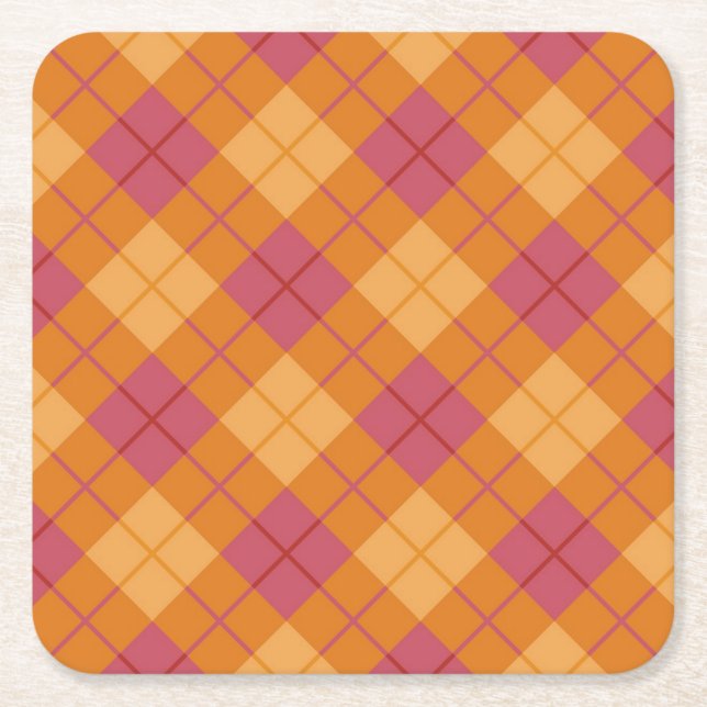 Bias Plaid in Orange and Pink Square Paper Coaster (Front)