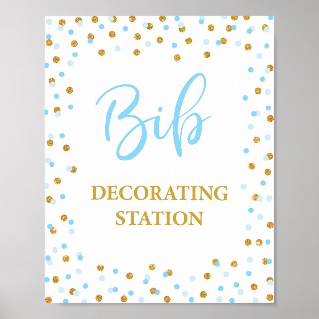 Bib Decorating Station Baby Shower Sign Blue Gold (Front)