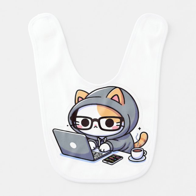 Bib with a drawing of a computer kitten (Front)