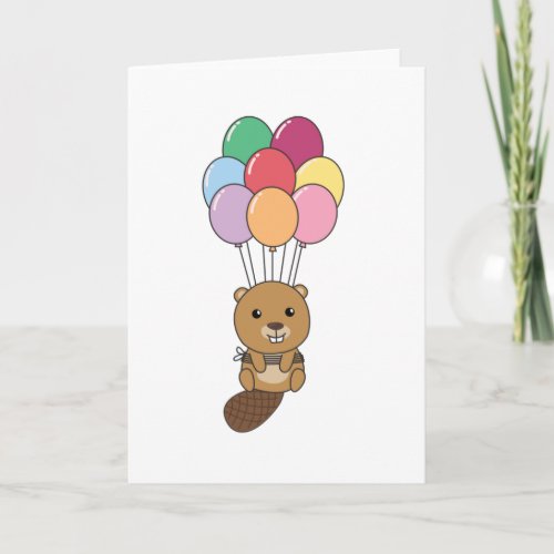 Biber Flies Up With Colorful Balloons Card