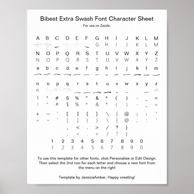 Bibest Extra Swash Font Character Sheet for Zazzle Poster (Front)