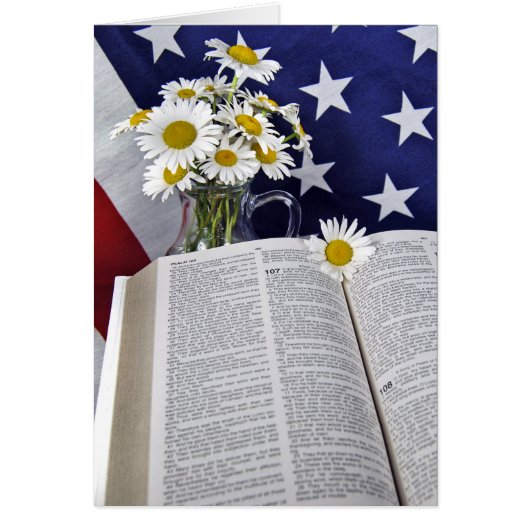 Bible and daisy on American flag Cards (Front)