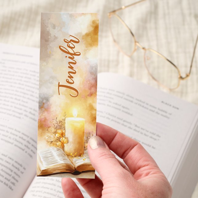 Bible Candle Flowers Gold Glitter Personalized Bookmarks (Hand)