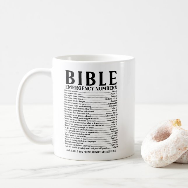 Bible Emergency Numbers Christian Mug Bible Verse  (With Donut)