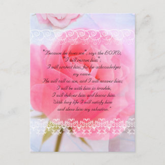 Bible passage, pink roses on blue postcard