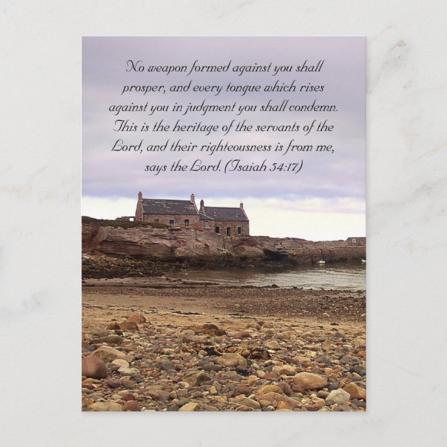 Bible passage, Scottish seaside and old houses Postcard (Front)