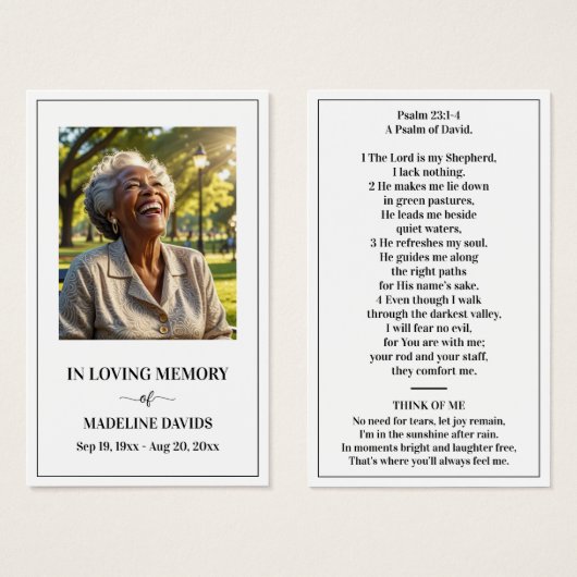 Bible Psalm Memorial Photo Prayer Card (Front & Back)