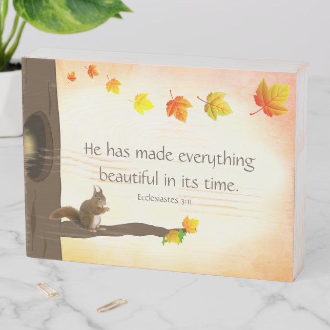 Bible quote, fall leaves and cute squirrel wooden box sign (In Situ Horizontal)
