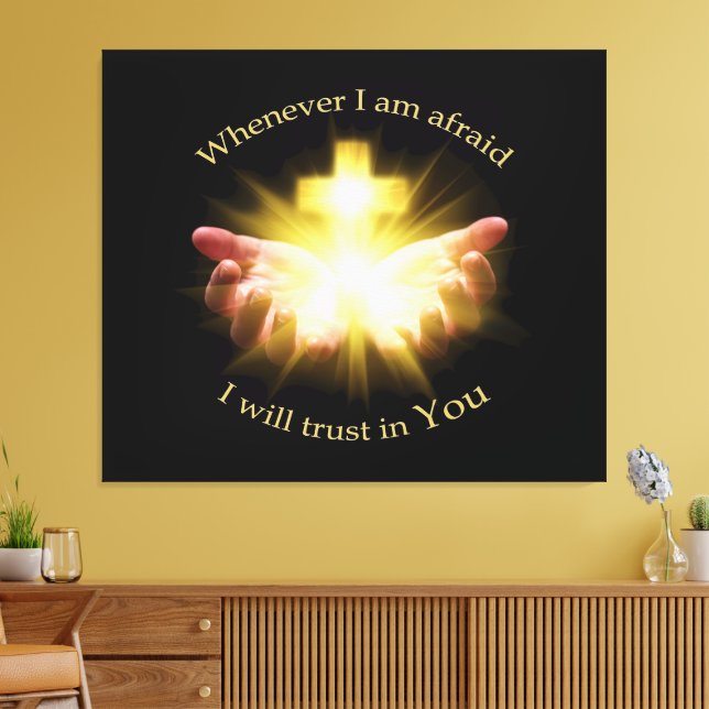 Bible quote with hands holding Cross Canvas Print (Insitu(LivingRoom))