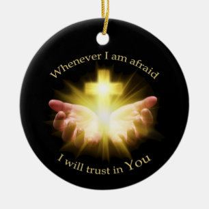Bible quote with hands holding Cross Ceramic Ornament