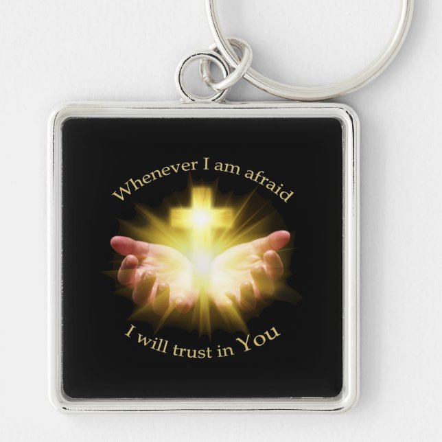 Bible quote with hands holding Cross Keychain (Front)