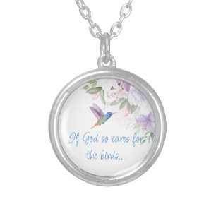 Bible Scripture Flowers Hummingbird Bird Silver Plated Necklace