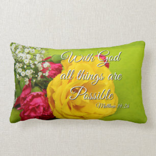 Bible Scripture Pink Yellow Roses Matthew 19:26 Lumbar Pillow