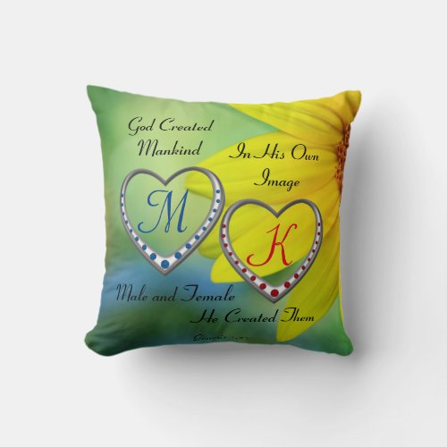 Bible Scripture Text with Double Heart Monograms Throw Pillow