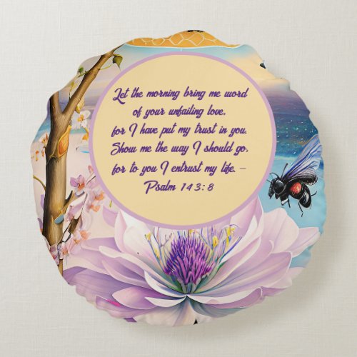 Bible Verse about Love soothing flowers design Round Pillow