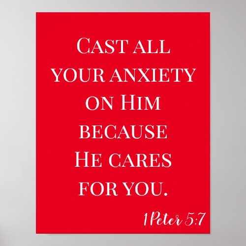 Bible Verse Cast Your Anxiety Red and White Poster