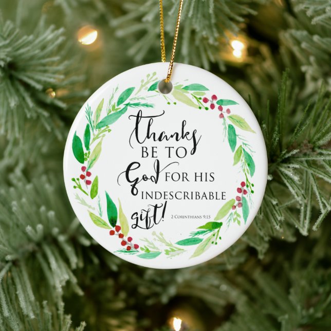 Bible Verse Christian Watercolor Christmas Wreath Ceramic Ornament (Tree)
