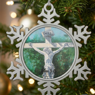 Bible Verse Crucifix Reason For Season Snowflake Pewter Christmas Ornament