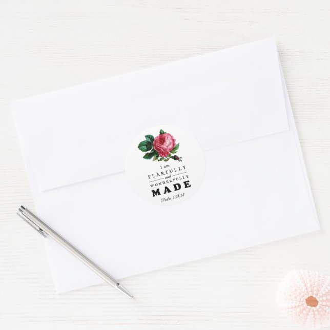 Bible Verse Fearfully and Wonderfully Made Rose Classic Round Sticker (Envelope)