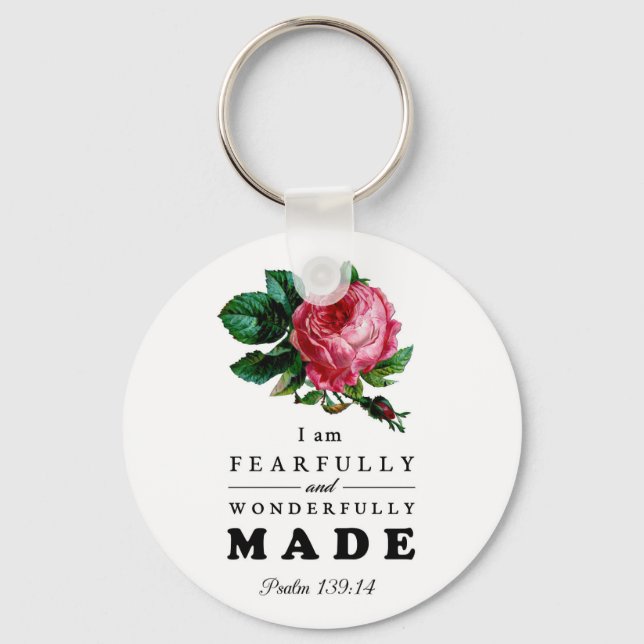 Bible Verse Fearfully and Wonderfully Made Rose Keychain (Front)