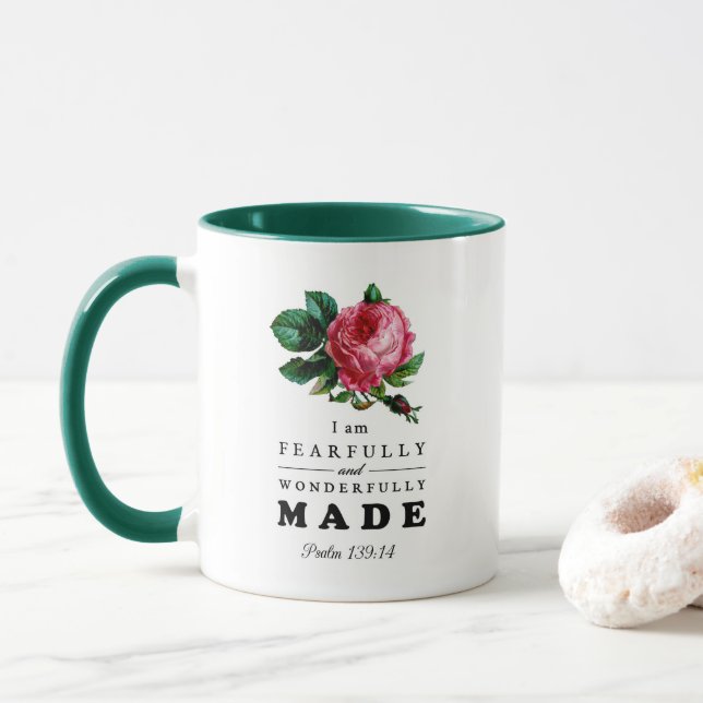Bible Verse Fearfully and Wonderfully Made Rose Mug (With Donut)