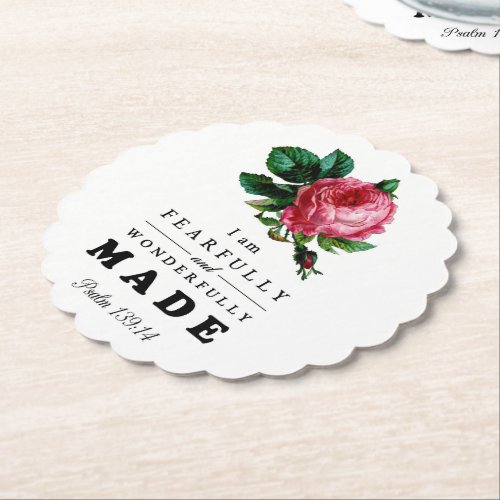 Bible Verse Fearfully and Wonderfully Made Rose Paper Coaster