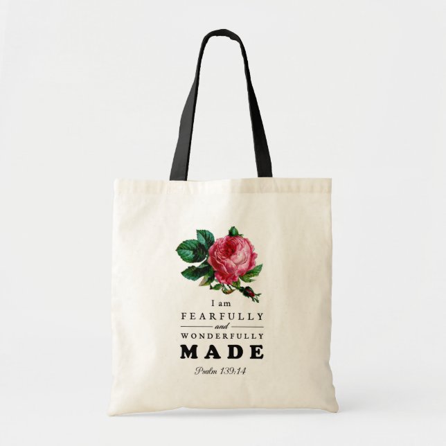 Bible Verse Fearfully and Wonderfully Made Rose Tote Bag (Front)