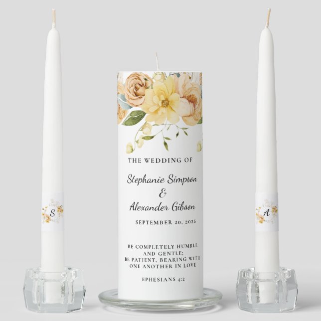 Bible Verse Gold Floral Wedding Unity Candle Set (Front)