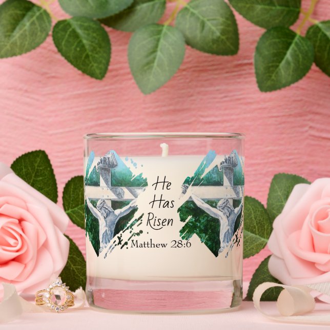 Bible Verse ''He Is Risen'' Cross personalize Scented Candle (Wedding)