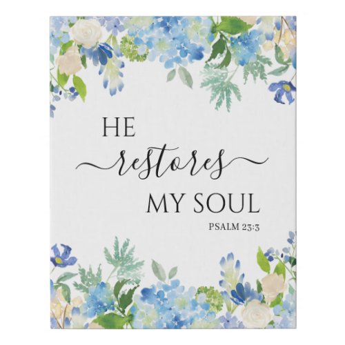 Bible Verse He Restores My Soul Watercolor Floral Faux Canvas Print