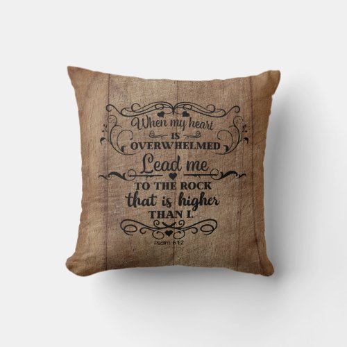 Bible Verse Heart is Overwhelmed Brown Rustic Wood Throw Pillow