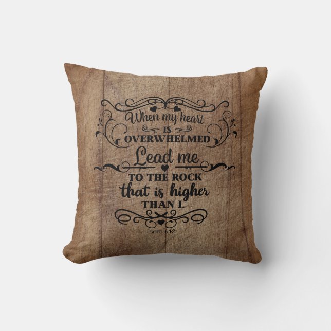 Bible Verse Heart is Overwhelmed Brown Rustic Wood Throw Pillow (Front)