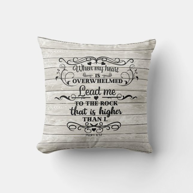 Bible Verse Heart is Overwhelmed Gray Rustic Wood Throw Pillow (Front)