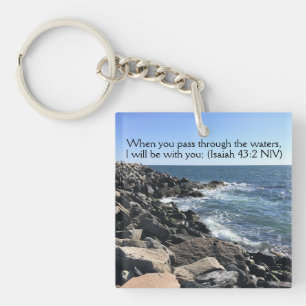 Bible Verse I Will Be with You Photo of Ocean  Keychain