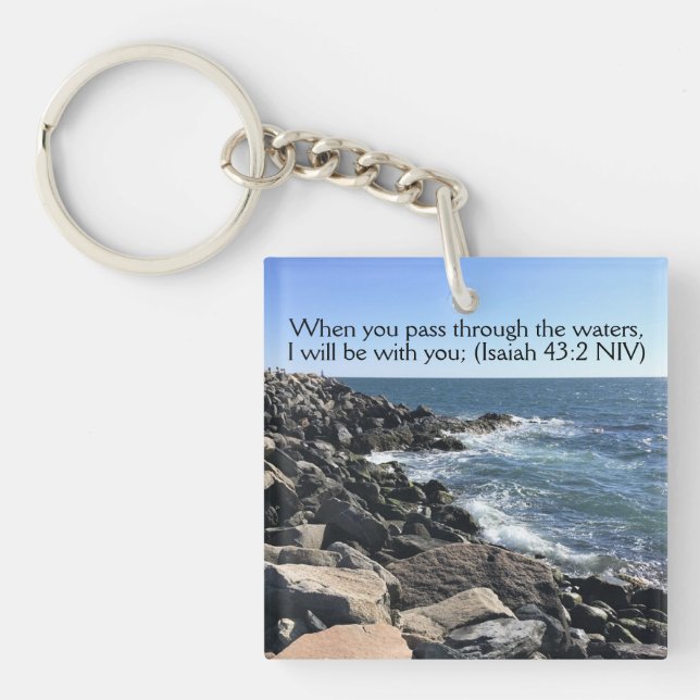 Bible Verse I Will Be with You Photo of Ocean  Keychain (Front)