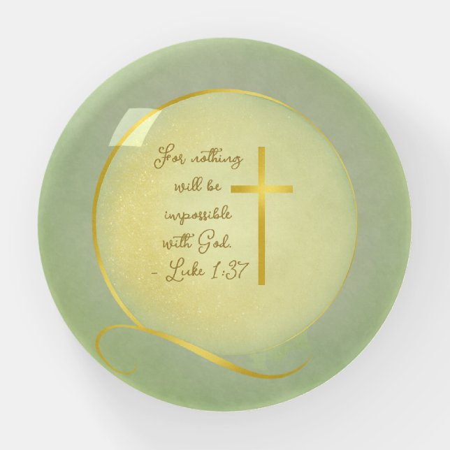 Bible Verse Inspirational Luke 1:37 Green & Gold Paperweight (Front)