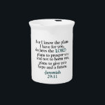 Bible Verse Jeremiah 29:11 Beverage Pitcher<br><div class="desc">Discover hope and promise in the comforting words of Jeremiah 29:11,  where the full verse unfolds in all its beauty. This design serves as a reminder of God's plans for us,  plans filled with hope and a future. Embrace these words as a source of inspiration and faith.</div>